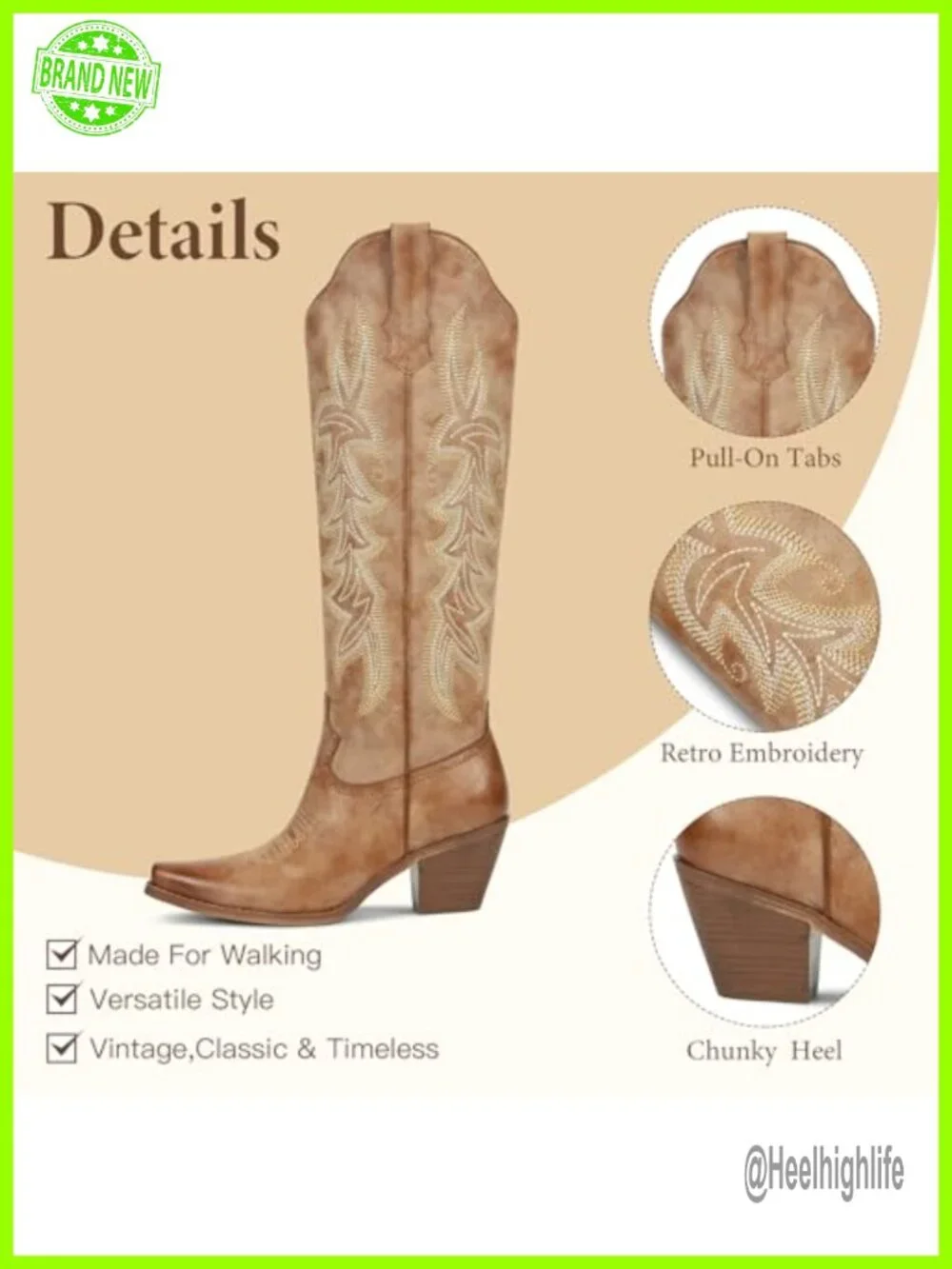 Knee High Cowboy Boots, Pointed Toe, Chunky Heel, Pull-On, Faux Leather